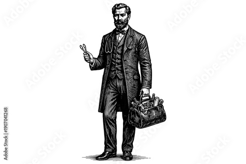 Vintage doctor with medical bag and scissors in hand-drawn style