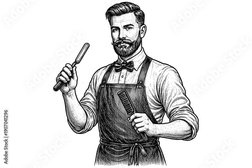Distinguished barber with beard holding razor and comb in vintage sketch style