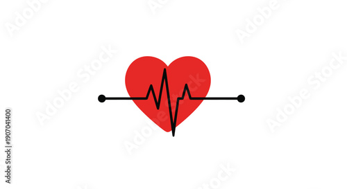 Red Heart with Electrocardiogram Heartbeat Line Icon for Medical Health Monitoring on Isolated White Background