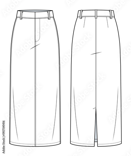 High-Waisted Midi Pencil Skirt Technical Fashion Illustration. Structured Tailored Silhouette with Back Vent. Minimal Corporate Workwear CAD Vector Template. Front and Back View.