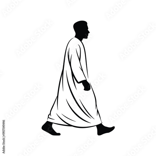 Silhouette of a man walking depicted in a minimalist black and white style