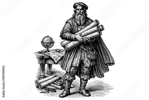 Renaissance explorer holding maps with globe and compass in retro engraving style