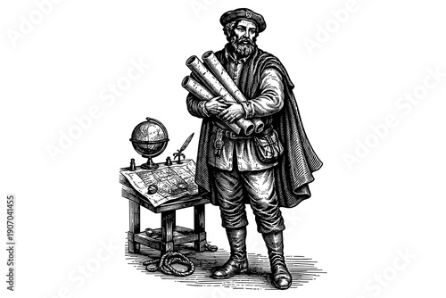 Vintage explorer with nautical maps and globe in detailed black and white style