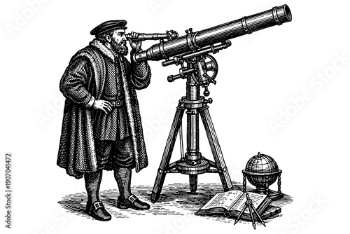 Retro engraved style astronomer with telescope and globe