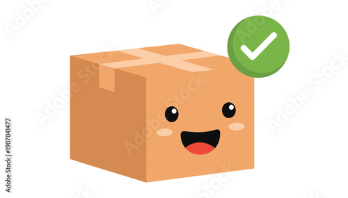 Happy cartoon parcel box with smiling face and green check mark indicating successful delivery and satisfaction