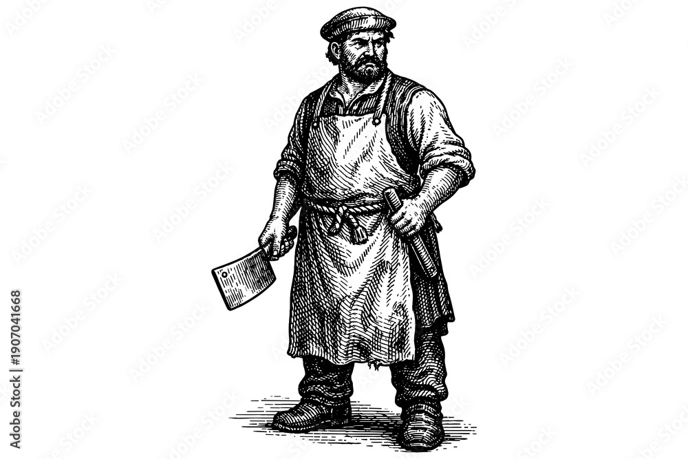 Fototapeta premium Vintage engraving of butcher with cleaver and apron