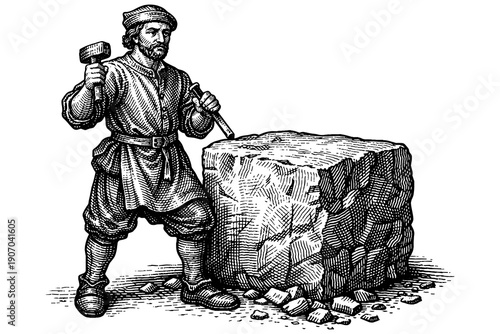 Vintage engraving of a stone carver at work with chisel and hammer