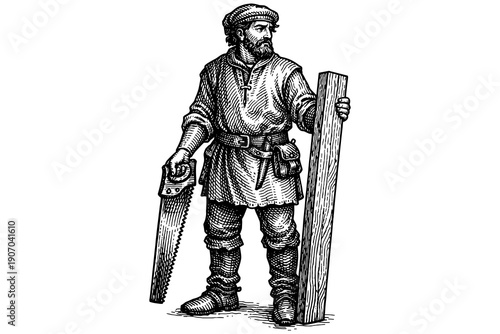 Medieval artisan holding saw and wood plank in detailed vintage engraving style