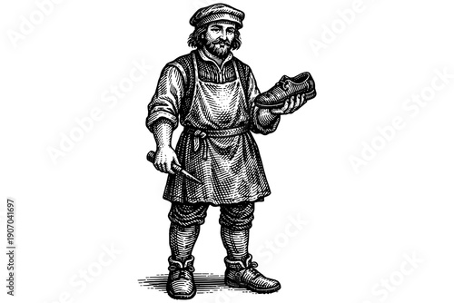 Vintage artisan cobbler with shoe and tools: detailed black and white engraving