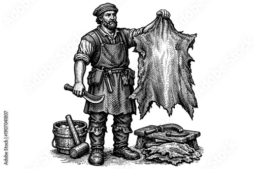 Vintage craftsman displaying leather in detailed black and white artwork