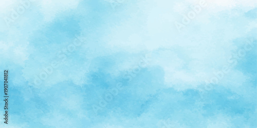 A beautiful abstract blue watercolor sky background features bright white fluffy clouds and sunlight for a clear summer day atmosphere