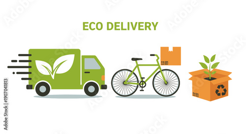 Eco Delivery Concept: Green Transport, Sustainable Logistics, and Packaging Illustration with Truck and Bicycle Courier