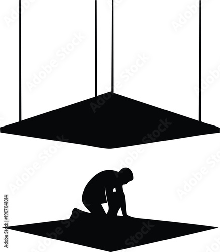 Surreal Flat Vector Silhouette of Man Trapped as Symbol of Glass Ceiling, Professional Constraint and Career Limitation, Illustration of Corporate Pressure