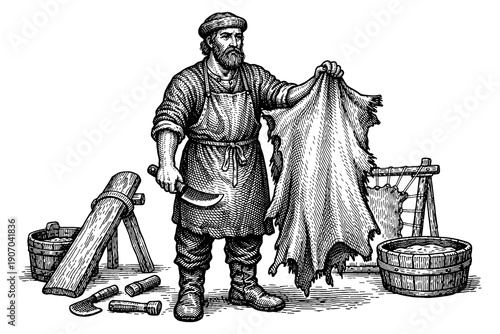 Medieval tanner holding animal hide and tools in black and white engraving style