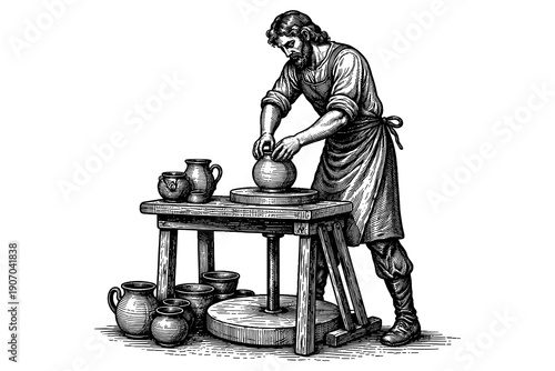 Detailed vintage potter working on pottery wheel with ceramic vessels