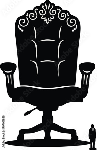 Surreal Flat Vector Silhouette of Giant Royal Office Chair as Symbol of Absolute Power and Corporate Authority, Small Businessman Under Executive Throne, Illustration of Hierarchy