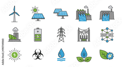 Renewable Energy, Power Generation, and Sustainability Icons Set. Green Technology, Smart Grid, and Eco Symbols.