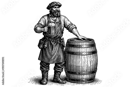 Vintage brewer holding beer mug next to barrel in classic engraving style