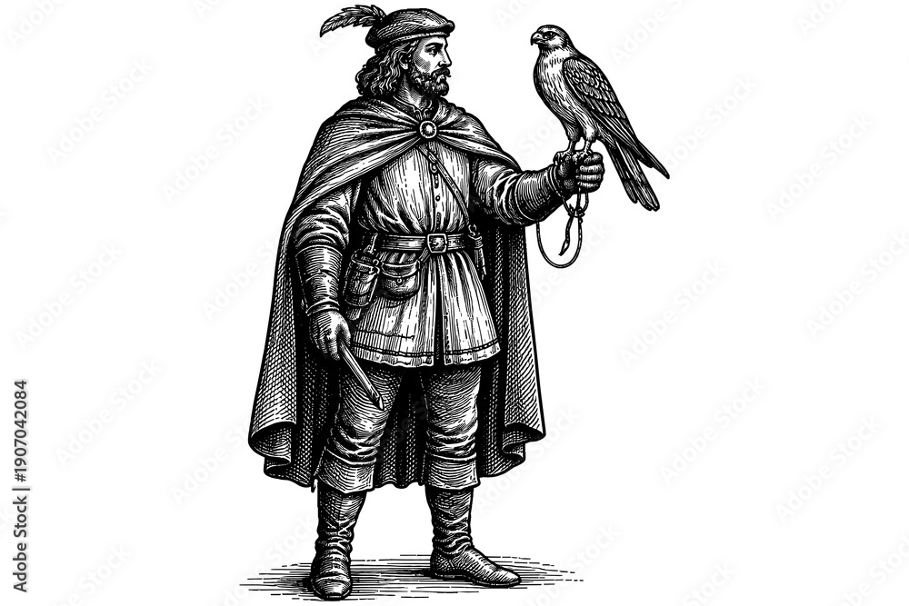 Fototapeta premium Medieval falconer with bird of prey in detailed black and white engraving style