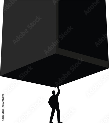 Surreal Flat Vector Silhouette of Businessman Carrying Giant Black Box, Symbol of Crushing Responsibility and Corporate Pressure, Illustration of Workload Stress and Burden