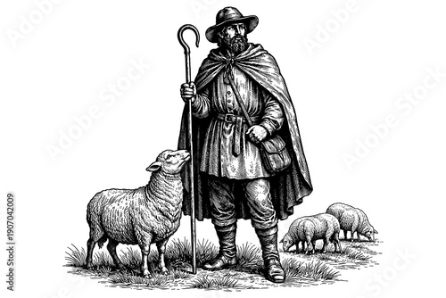 Vintage engraved shepherd with sheep in historical farm scene