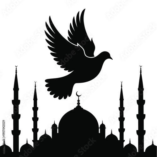 A silhouette of a dove flying over a mosque with minarets
