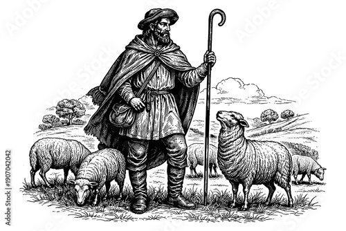 Vintage shepherd scene in detailed black and white engraving style depicting rustic pastoral life