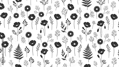Intricate monochrome pattern showcases a dense arrangement of poppies, daisies, and ferns in a seamless repeat for elegant botanical wallpapers.