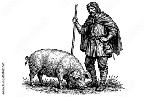 Medieval farmer with pig: historical black and white ink drawing