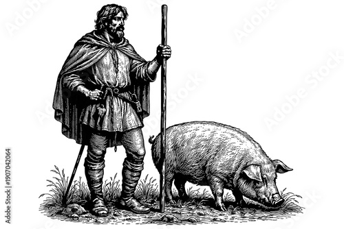 Medieval wanderer with boar in detailed pen drawing style
