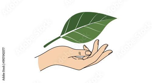 Hand Holding Green Leaf. Eco-Friendly, Nature Conservation, Sustainability, Organic Health and Wellness Concept Illustration on White Background.