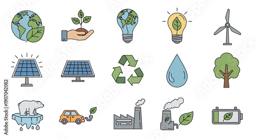 Eco and Environmental Icons Set. Outline Vector Symbols for Renewable Energy, Sustainability, Climate Change, Conservation, and Pollution.