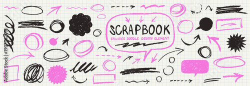 Pink scratch doodle collection for hand drawn notes, journaling and graphic design. Grunge chalk or marker arrows, doodles and scribbles, hand drawn stickers, emphasis vector scrapbook elements.