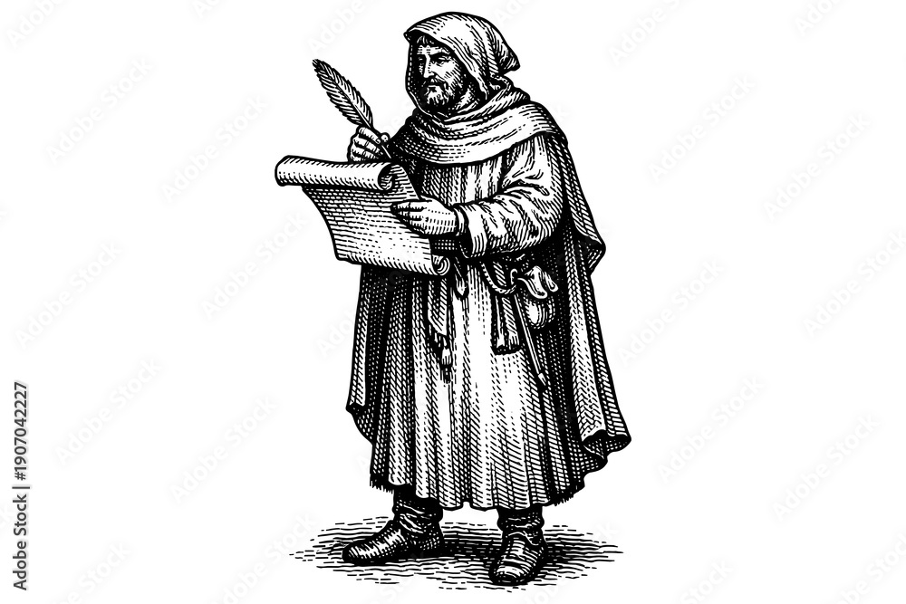 Obraz premium Medieval scribe in traditional cloak holding quill and scroll in detailed engraving style