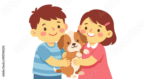 Happy Little Boy and Girl Hugging Cute Puppy Dog Flat Vector Illustration