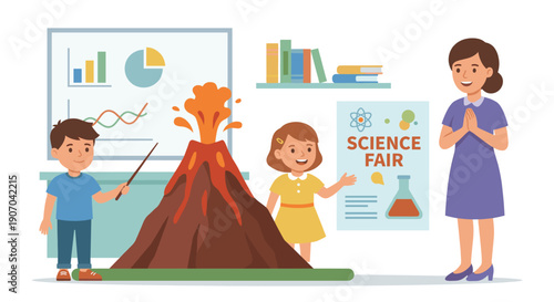 Children Presenting Volcano Model at Science Fair with Teacher Flat Vector Illustration