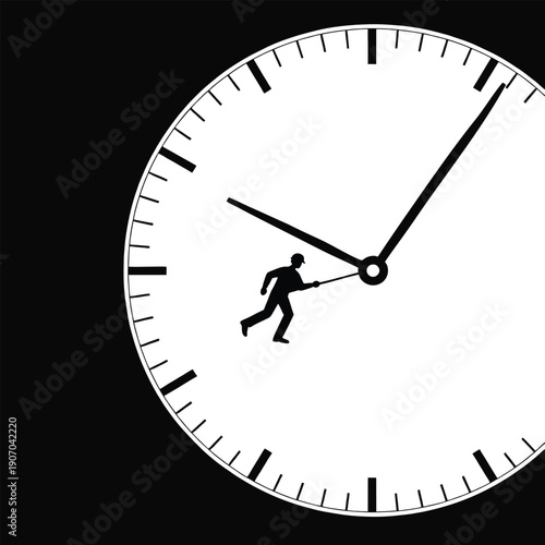 Surreal Flat Vector Silhouette of Worker Tied to Clock Hands, Symbol of Time Slavery and Deadline Pressure, Illustration of Work Life Balance and Corporate Urgency