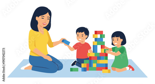 Mother playing colorful building blocks with two children on floor illustration