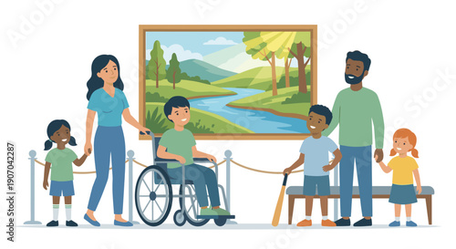 Family with child in wheelchair visiting art gallery looking at painting illustration