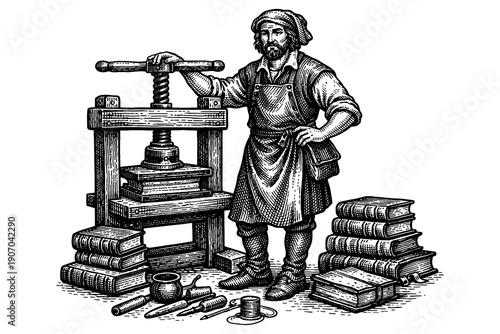 Vintage craftsman with printing press surrounded by books and tools in detailed engraving style