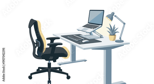 Modern home office workspace with ergonomic chair and laptop on desk illustration