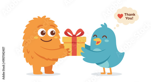 Cute orange monster giving a gift box to a blue bird with thank you bubble, flat vector illustration