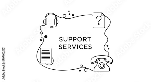 Support services line illustration with headset, phone, and question mark, for customer service or help desk, isolated on transparent background, png