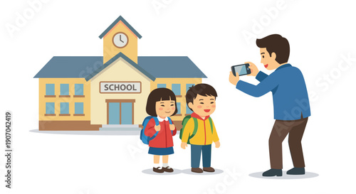 Father taking photo of his son and daughter with backpacks in front of school building, back to school concept