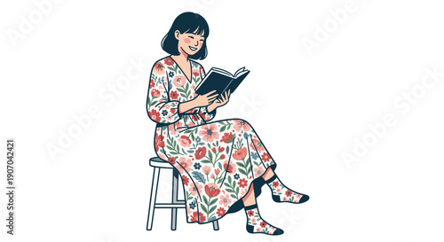 Young woman in floral dress sitting on a stool and reading a book, education and hobby vector illustration