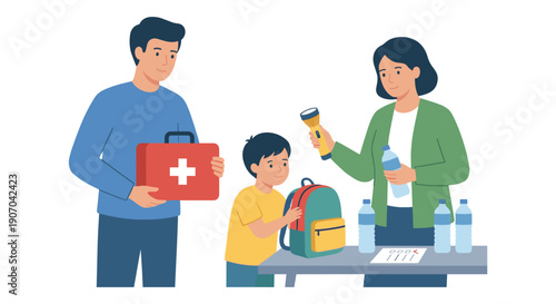 Title: Family Packing Emergency Survival Kit Together Illustration