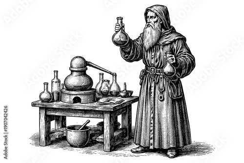 Monk chemist in vintage laboratory engraving style