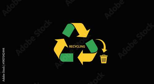 Universal Recycling Symbol Icon with Trash Can Arrow on Black Background. Eco-Friendly Waste Management Concept.