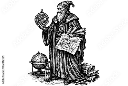 Renaissance astronomer with celestial maps and instruments in detailed engraving art style