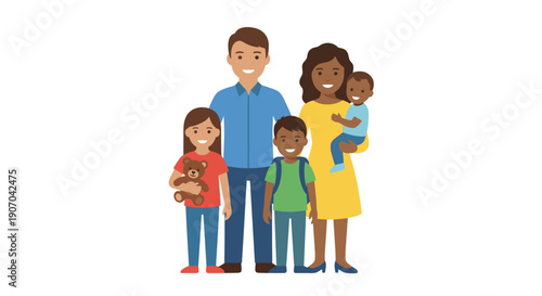 Happy Multiracial Family Portrait with Three Children